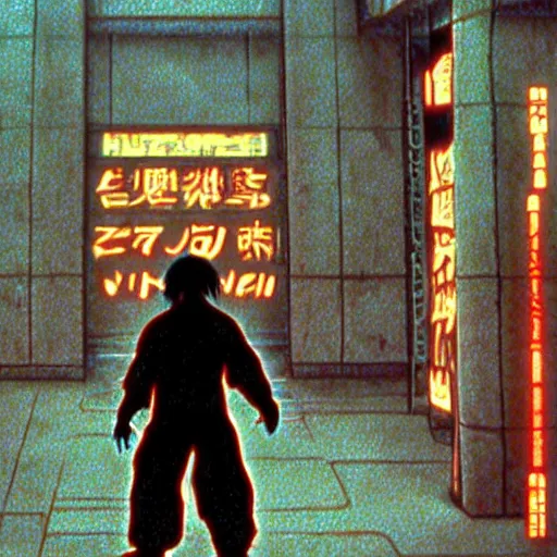 Prompt: still frame of cyberpunk ninja Jubei in the 1988 anime movie Akira by Katsuhiro Otomo, screenshot, color, film print