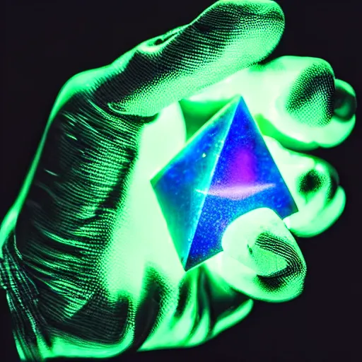 Prompt: a glowing shard of kryptonite held in an open black - gloved hand, black background, sharp focus