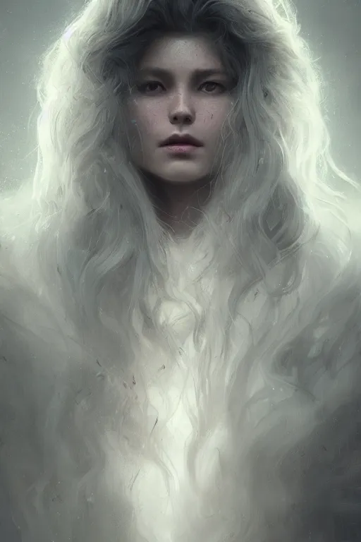 Image similar to a fancy portrait of a beautiful young strong women with long white hair by greg rutkowski, sung choi, mitchell mohrhauser, maciej kuciara, johnson ting, maxim verehin, peter konig, bloodborne, 8 k photorealistic, cinematic lighting, hd, high details, dramatic, dark atmosphere, trending on artstation