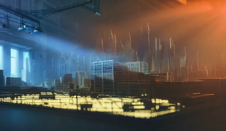 Image similar to crowd of people in blank walled warehouse, looking at hologram of futuristic city on a table, cinematic concept art, godrays, golden hour, natural sunlight, 4 k, clear details, tabletop model buildings, center model buildings, hologram center, crane shot, crane shot, crane shot