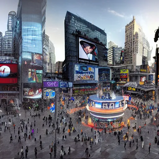 Image similar to 3D Digital matte painting of Yonge-Dundas Square in Toronto, Canada; with eldritch creatures, gnostic designs, arcane imagery, and esoteric aesthetics.