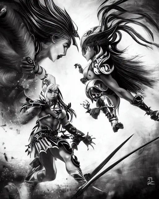 Image similar to Two female warriors fighting, black and white, highly detailed face, close-up, fantasy art, fighting art, in the style of masami kurumada, illustration, epic, fantasy, intricate, hyper detailed, artstation, concept art, smooth, sharp focus, ray tracing