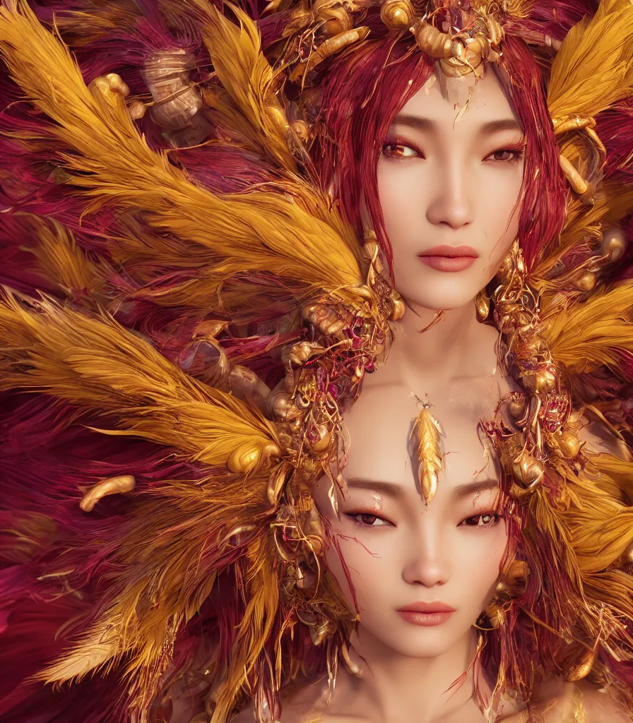 Image similar to closeup photoshoot of asian goddess of bliss and honey, feathers hair, silk flowing in wind, totemic ritualistic tarot sigils embedded in ruby skin, photoreal, unreal engine, redshift render, trending on artstation