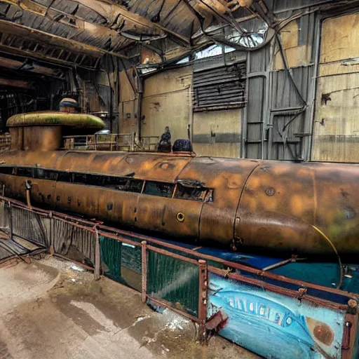 Prompt: Colour photo of steampunk submarine at dry dock