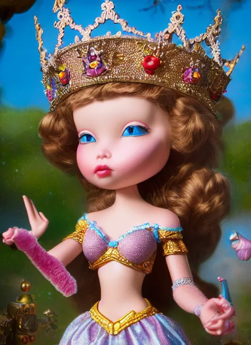Image similar to highly detailed closeup, profile portrait of a tin toy fairytale princess wearing a crown, bikini, unreal engine, nicoletta ceccoli, mark ryden, earl norem, lostfish, global illumination, detailed and intricate environment