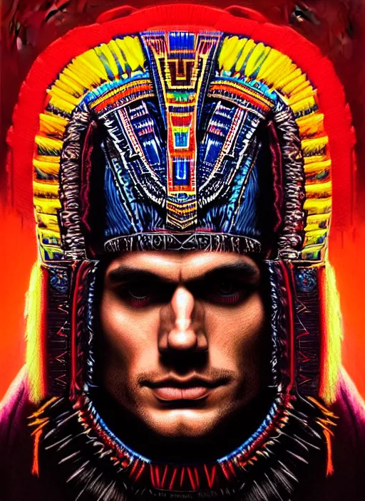 Image similar to portrait of henry cavill, hyper detailed ultra sharp aztec shaman warrior. trending on artstation, warpaint aesthetic, bloodwave, colorful, psychedelic, ornate, intricate, digital painting, concept art, smooth, sharp focus, illustration, art by artgerm and greg rutkowski and h. r. giger, 8 k