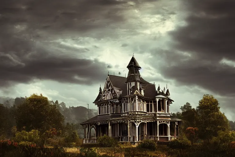 Prompt: Old Victorian architecture in a Victorian valley, dramatic sky, digital art, 4k, 8k, trending on ArtStation