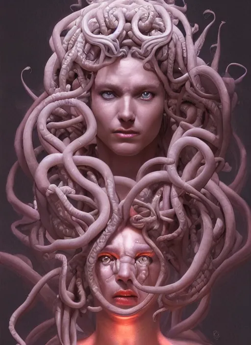 Image similar to Medusa, detailed face, very detailed, dramatic lighting, electrical details, high details, 4k, 8k, trending on artstation, by Greg Rutkowski, Wayne Barlowe, Hajime Sorayama and Boris Vallejo