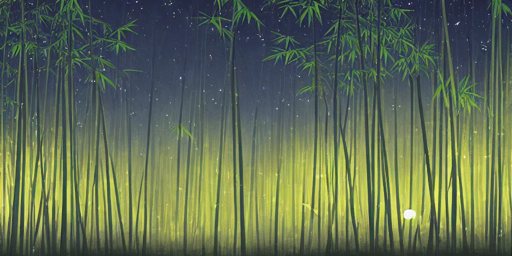 Image similar to a lightning bolt cuts through a bamboo forest, moonlight, tiny fireflies glowing, illustration style, graphic illustration, 4 k wallpaper, drawn by hiroshi yoshida.