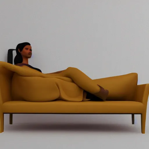 Image similar to human, fully clothed, reclining on a sofa, happy, photorealistic, 8k