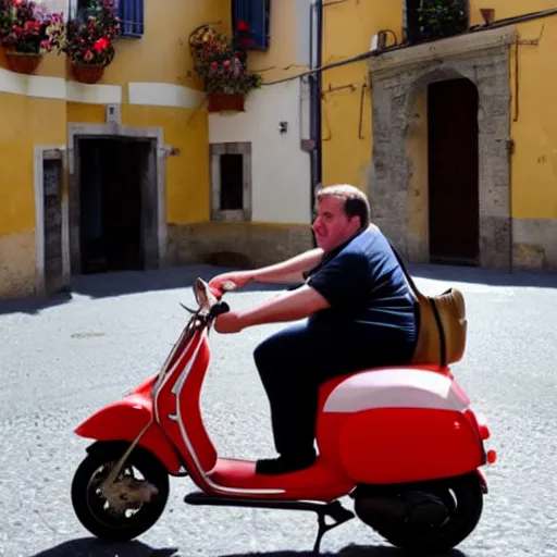 Prompt: small obese man sitting on a vespa motorbike in traditional italy