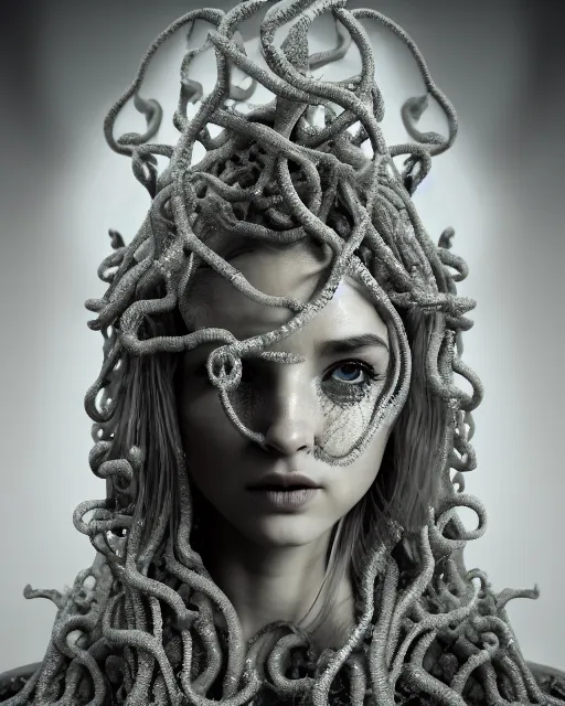 Image similar to surreal mythical dreamy artistic black and white fine art photo of a beautiful young female medusa - cyborg covered with fish scales and algae, highly detailed, intricate crystal ivy jelly fish scales ornate, poetic, octane render, 8 k, photo - realistic