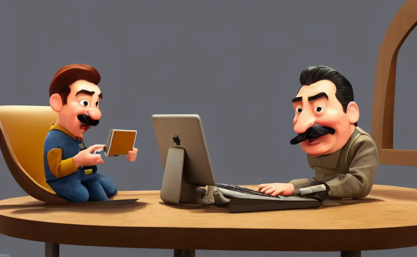 Image similar to very cute angry realistic josef stalin trading bitcoin in front of computer, disney pixar character concept artwork, 3 d concept, in a rock chair, high detail iconic character for upcoming film, 8 k octane render