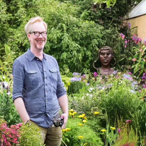 Prompt: professional photograph of Adam Savage smiling in a garden