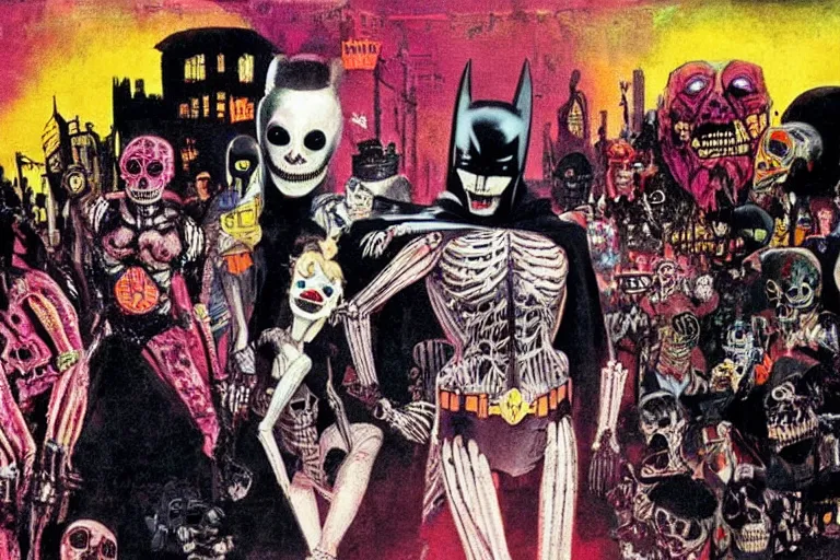 Image similar to scene from batman, day of the dead, cyber skeleton, neon painting by otto dix