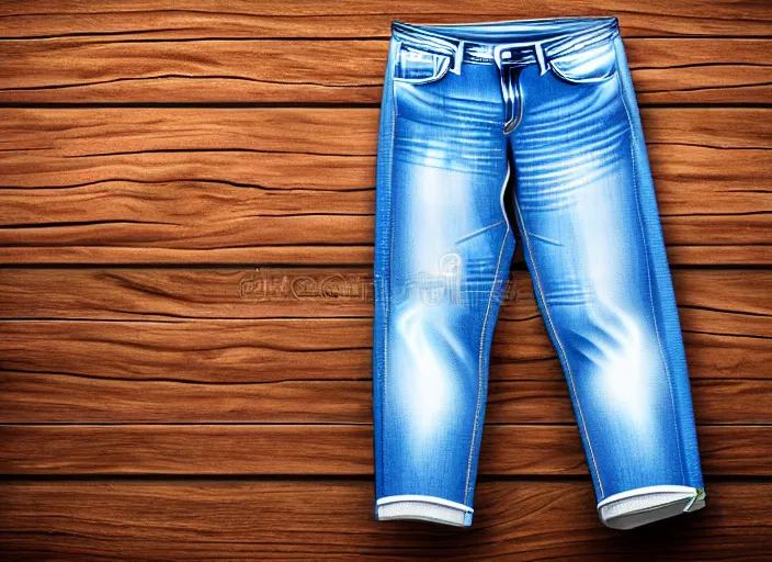 Image similar to clear highly detailed photorealistic topdown mockup product photograph of a realistic folded!! pair of pale wornout jeans on a wooden background