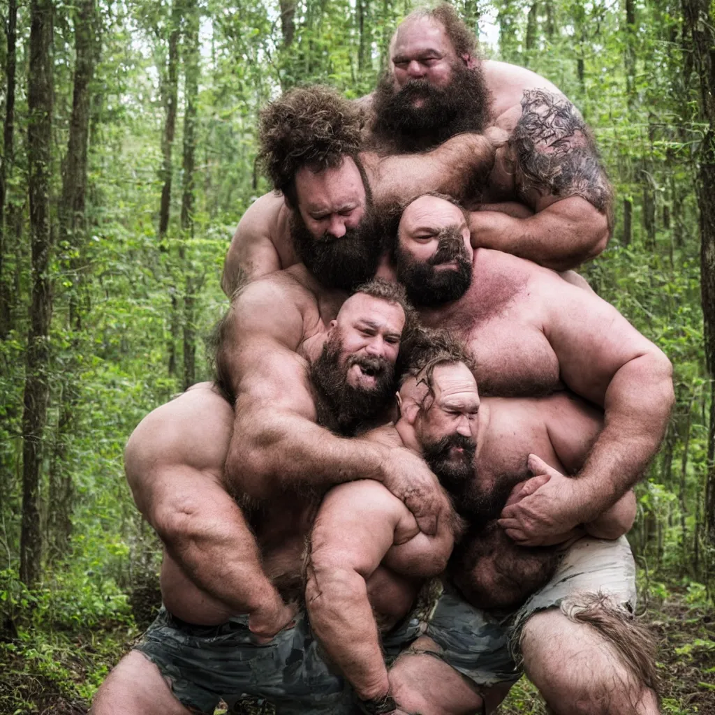 Prompt: dozens of big hairy strongmen in shorts in a forest, cuddling and kissing, photography, high details, epic, high resolution