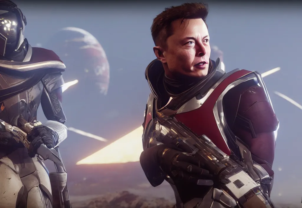 Image similar to elon musk in destiny 2, elon musk in the video game destiny 2, gameplay screenshot, close up, 3 d rendering. unreal engine. amazing likeness. very detailed.