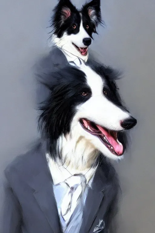 Image similar to portrait of a cute male anthropomorphic border collie fursona wearing a suit. by henry asencio, jon foster, and ross tran. highly detailed, concept art, furry, glamor pose, elegant, aesthetic, beautiful, trending on artstation