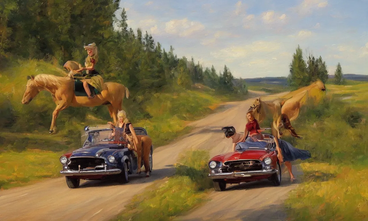 Image similar to 1950 blonde driving a mustang on a country road, moose, Swedish countryside, freedom, dawn, impressionism, realistic, painting by Vladimir Volegov, artstation, beautiful, masterpiece