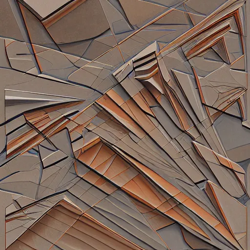 Image similar to masterpiece abstract intricate painting of detailed multiple layers of rocky material along a planer surface. highly geometric with loose sketch lines slanting down. isometric angles. beautiful use of light and shadow to create a sense of a stony landscape. using architectural brushwork and a rich earthy color palette, providing a mathematical rough sketchy look.