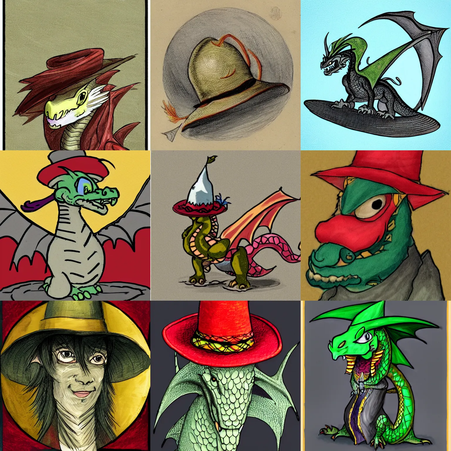 Prompt: A dragon with a hat, in the style of Alvah Virals