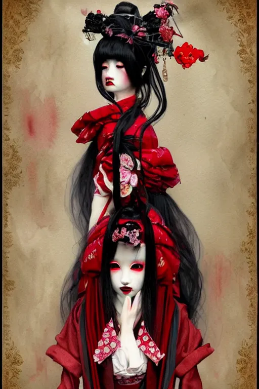 Prompt: watercolor painting of a japanese bjd geisha vampire queen with a long neck in a victorian lolita fashion red dress in the style of dark - fantasy painted by tom bagshaw, amy sol, nekro, dmt art, symmetrical vogue face portrait, intricate detail, artstation, cgsociety, artgerm, rococo