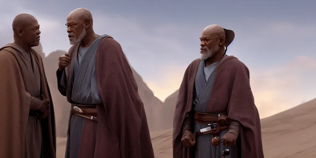 Prompt: obi - wan kenobi disney plus show, played by ewan mcgregor and old mace windu played by samuel l jackson, greet eachother, old friends, accurate ultra realistic faces, 4 k, movie still, uhd, sharp, detailed, cinematic, render, modern