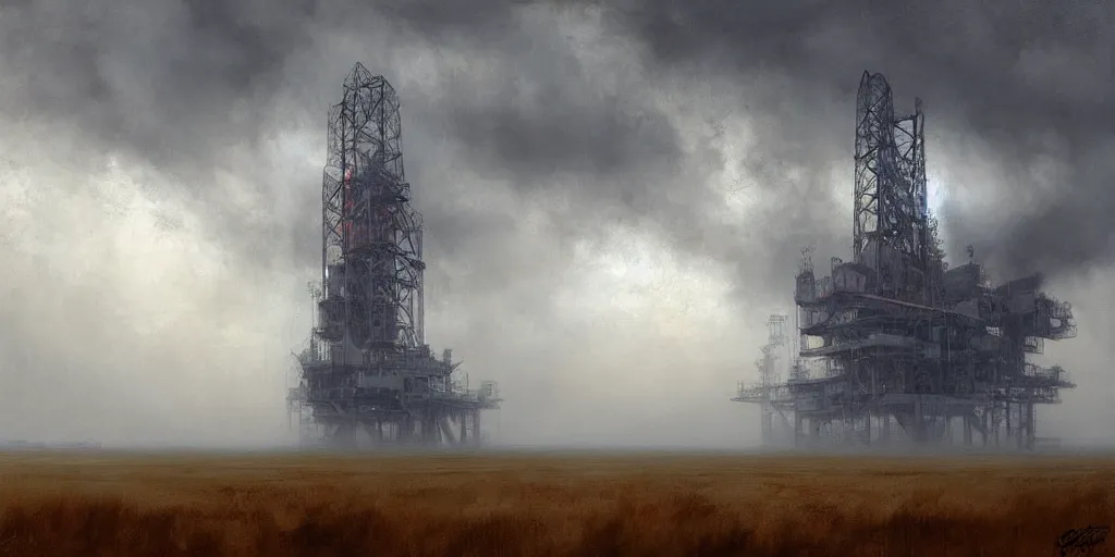 Prompt: stormy, misty, huge oil platform on the prairie, by craig mullins