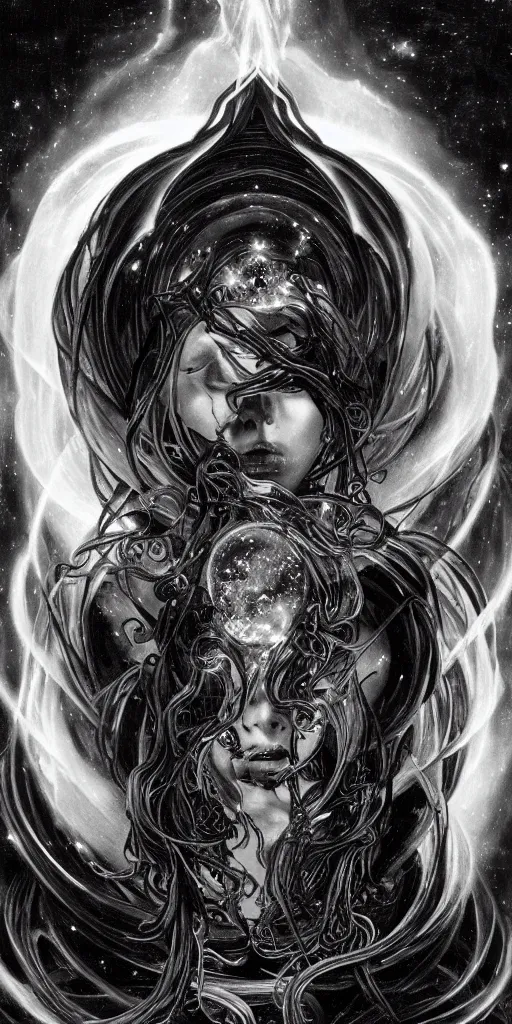 Image similar to intense glowing black metal pagan god with tentacles and intense black eyes in very dark cosmic space nebula by karol bak and alphonse mucha and h r giger, portrait, fantasy, clear, light beams, lens flare, soft, uhd, amazing depth, cinematic lighting, purple and blue and black and white and metallic silver