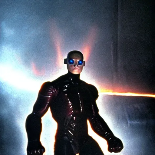 Image similar to thing from fantastic four as a soldier, still from the movie universal soldier, fog, dramatic lighting