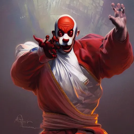 Prompt: martial art clown, dynamic pose, fighting highly detailed, digital painting, artstation, concept art, matte, sharp focus, illustration, art by Artgerm and Greg Rutkowski and Alphonse Mucha