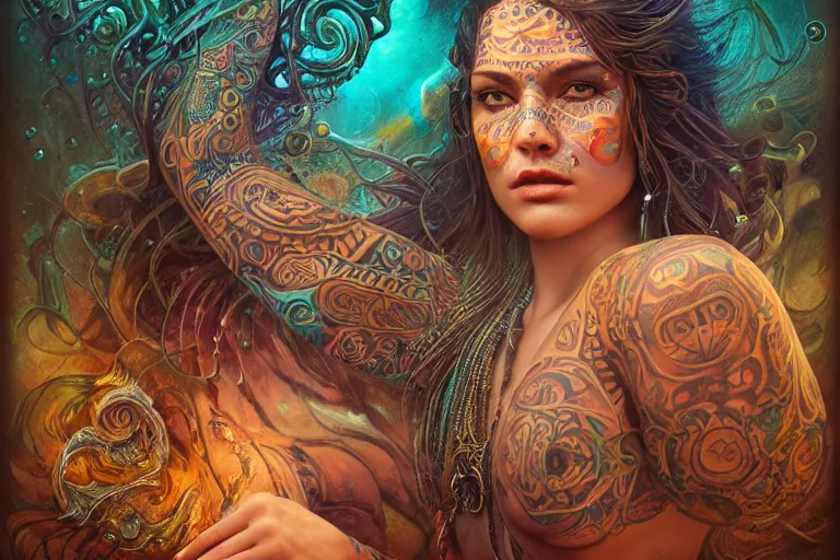 Image similar to a centered full body render of alluring festival hippie goddess with tribal tattoos surrounded by a underwater ink pour and flowing liquid gallium and sacred geometry, perfect face, powerful, cinematic, beautifully lit, by artgerm, by karol bak, by donato giancola, 3 d, trending on artstation, octane render, 8 k