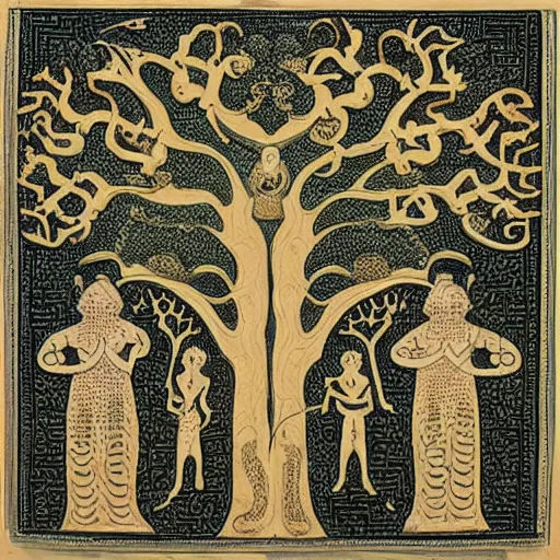 Image similar to intricate, fractal, adam!, eve! and the snake! next to the tree of knowledge!, hindu scripts, circa 2 0 0 bc