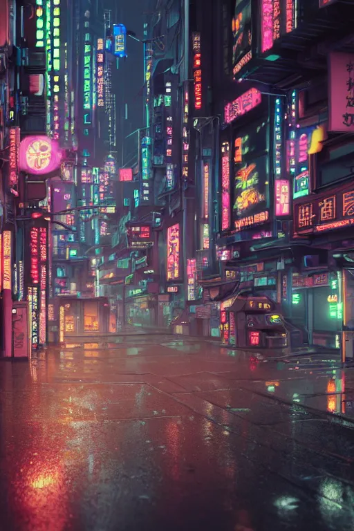 Image similar to isometric view of a cyberpunk neo-Tokyo street with illuminated signs and wet pavement, by Andrei Riabovitchev, Shaun Tan, Peter Mohrbacher and Takayuk, cinematic, realistic, intricate detail, finely detailed, small details, extra detail, photorealistic, high resolution, 3D, PBR, path tracing, volumetric lighting, octane render, arnold render, 8k