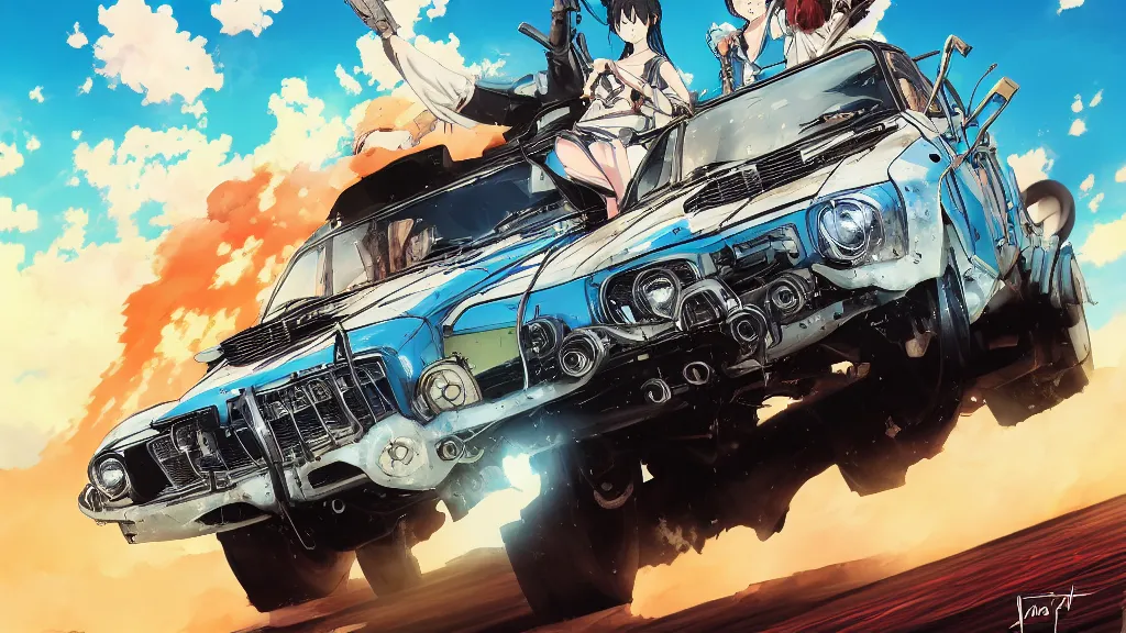 Image similar to anime illustration of mad max's fj 4 0 pursuit special, the last v 8 interceptor driving down to the gates of valhalla highway, riding fury road eternal shiny and chrome, world of fire and blood, by makoto shinkai, ilya kuvshinov, lois van baarle, rossdraws, basquiat, global illumination ray tracing hdr