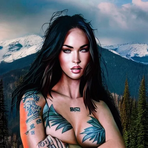 Image similar to realism tattoo sketch of double exposure megan fox against a background of beautiful mountain scenery, in the style of andrey lukovnikov