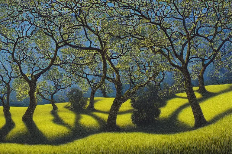 Image similar to masterpiece painting of oak trees on a hillside overlooking a creek, dramatic lighting, by annie ovenden