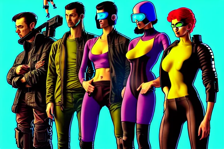 Image similar to cyberpunk heist crew. portrait by stonehouse and mœbius and will eisner and gil elvgren and pixar. character design. realistic proportions. dystopian. cyberpunk 2 0 7 7, apex, blade runner 2 0 4 9 concept art. cel shading. attractive face. thick lines. hi def 4 k. the team. detailed characters.