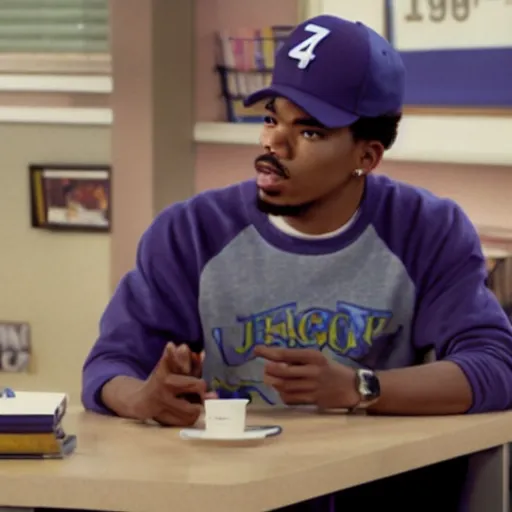 Image similar to a tv still of Chance The Rapper starring as a black college student at Jones College Prep in a 1993 sitcom