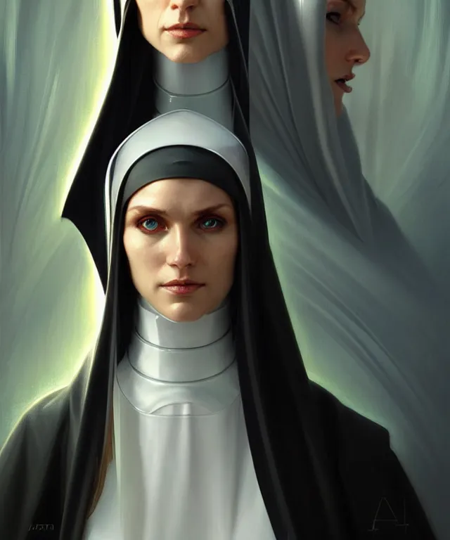 Image similar to futuristic nun woman portrait, sci - fi, amber eyes, face, long hair, fantasy, intricate, elegant, highly detailed, digital painting, artstation, concept art, smooth, sharp focus, illustration, art by artgerm and greg rutkowski and alphonse mucha