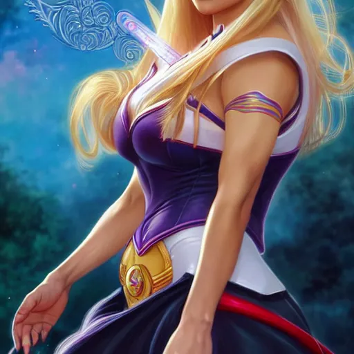 Image similar to Blonde Adriana Lima as Sailor Moon, western, D&D, fantasy, intricate, elegant, highly detailed, digital painting, artstation, concept art, matte, sharp focus, illustration, art by Artgerm and Greg Rutkowski and Alphonse Mucha