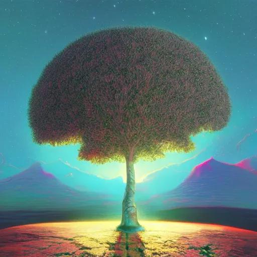 Image similar to sharp blooming atlantic space disk coot ash tree toast rock album cover , by Ernst Max and Bob Ross and Beeple , digital illustration , Global Illumination , black velvet painting