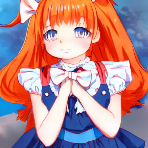 Prompt: little girl in a maid outfit with blue eyes, a red bow on her head, short light orange hair, anime, high detail