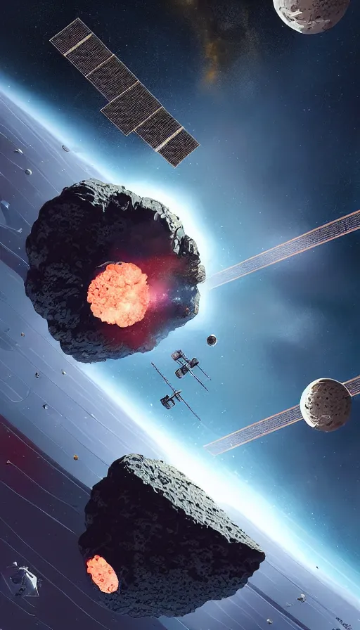 Image similar to Sci-fi illustration of a asteroid crushing space station by Pascal Blanché