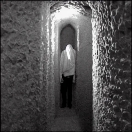 Image similar to creepy, incredibly tall, skinny and pale creature lurking in the catacombs captured on film camera