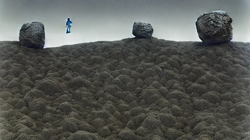 Prompt: close up of two men looking up the sky. the sky is totally black but the ground is full of rocks and vegetation. art by zdzisław beksinski