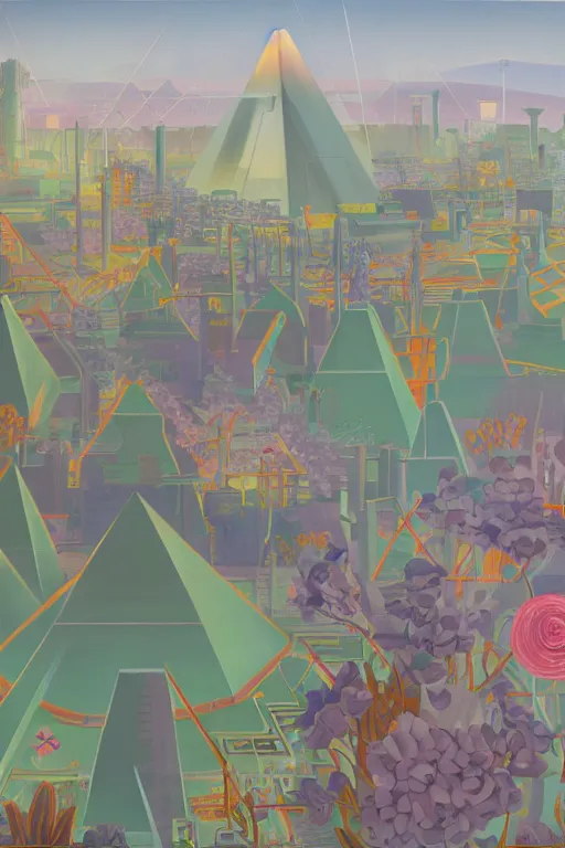 Image similar to giant cyber - punk factory with ancient pyramids and blooming flowers by helen lundeberg