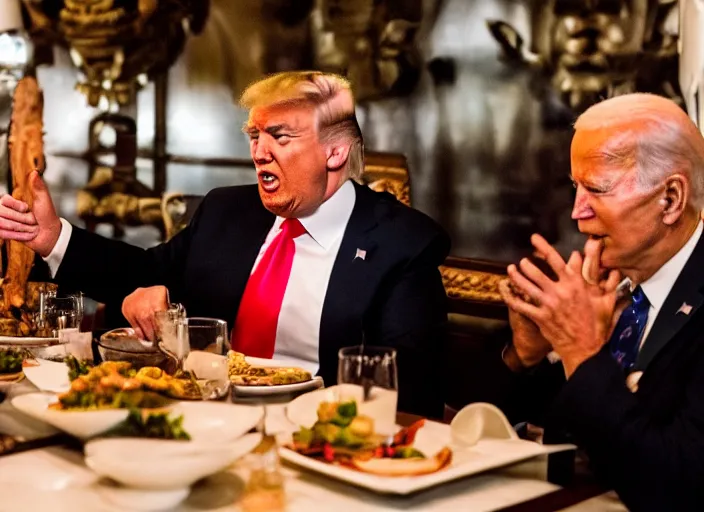 Prompt: Trump and Biden having dinner at a fancy Balinese restaurant, award winning cinematic photography, sigma 85mm Lens F/1.4, blurred background, perfect faces