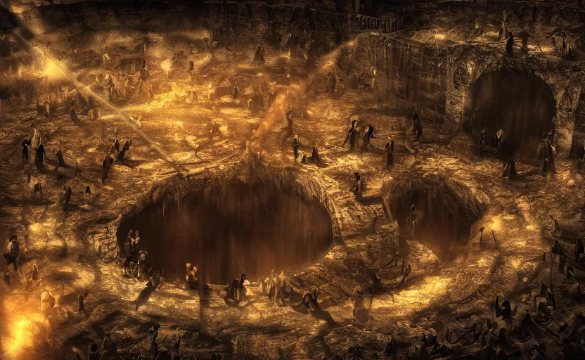 Image similar to alvah angelrune water portal to hell located in heaven, photorealistic, crowd of people, rule of thirds, 4 k, dark bright effect, version 3, very stylized